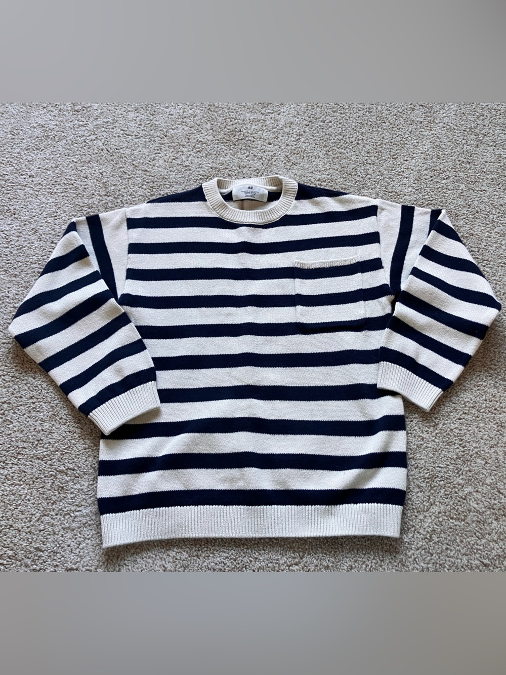 H&M Navy and Cream Striped Crewneck Sweater